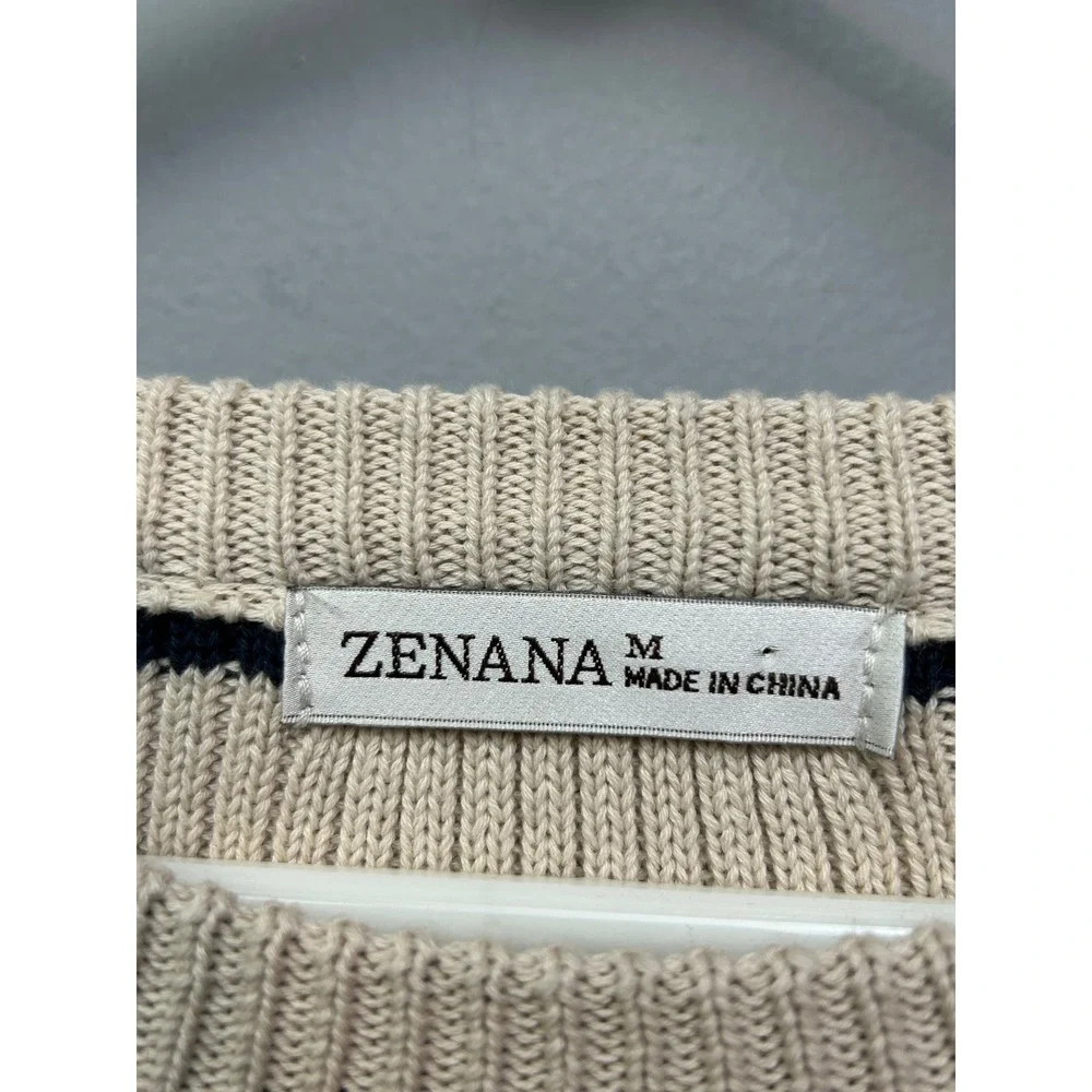 Zenana Sweater‎ Women Medium Cream Blue Striped Ribbed Knit Cotton Top Pullover
